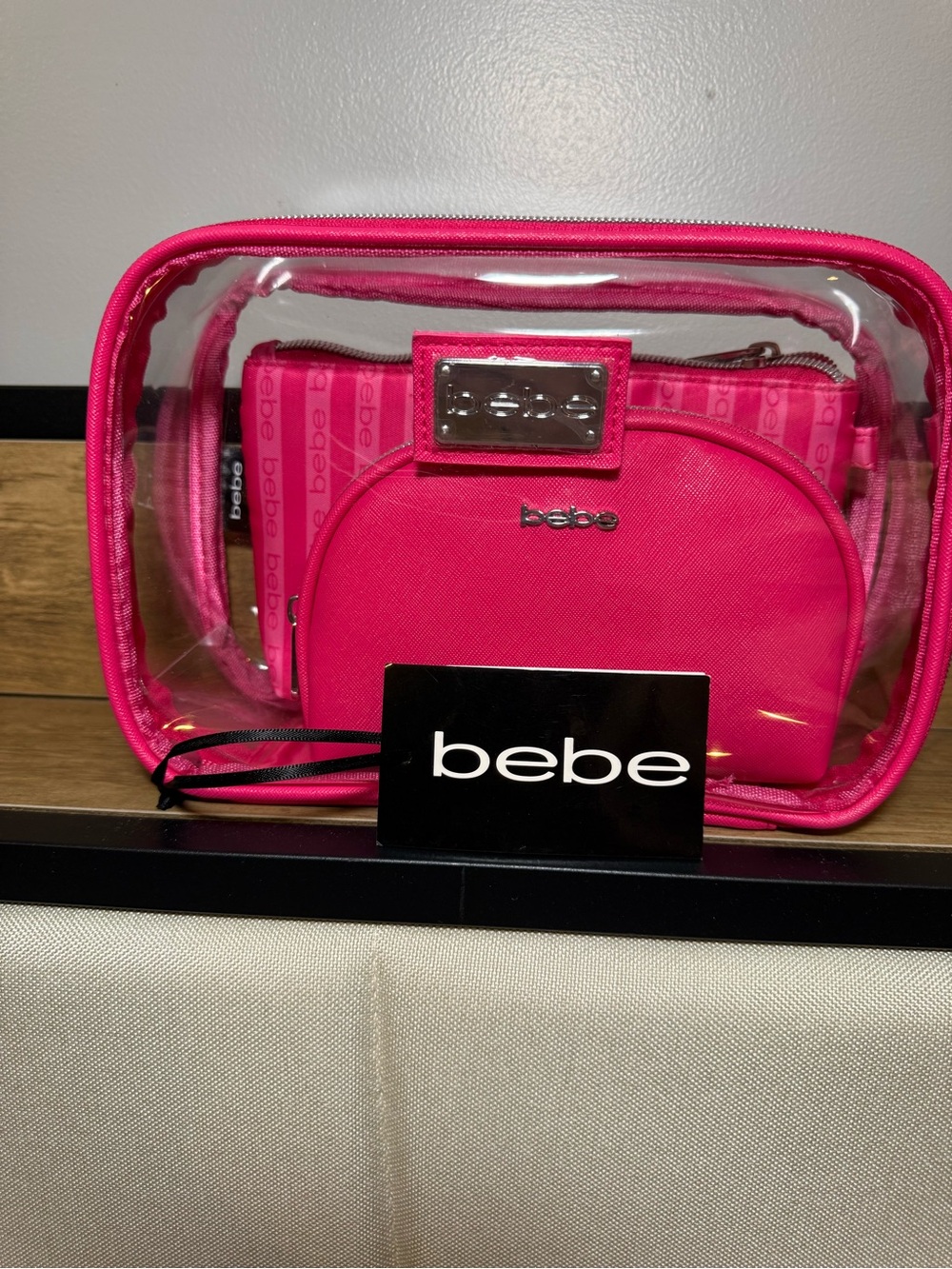 bebe Bright Pink Clear 3 Piece Cosmetic Organizer Set